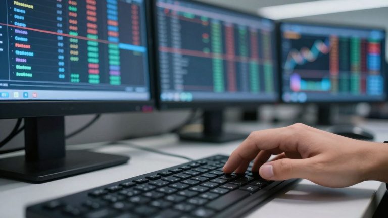 Financial trading desk with glowing screens and a hand.