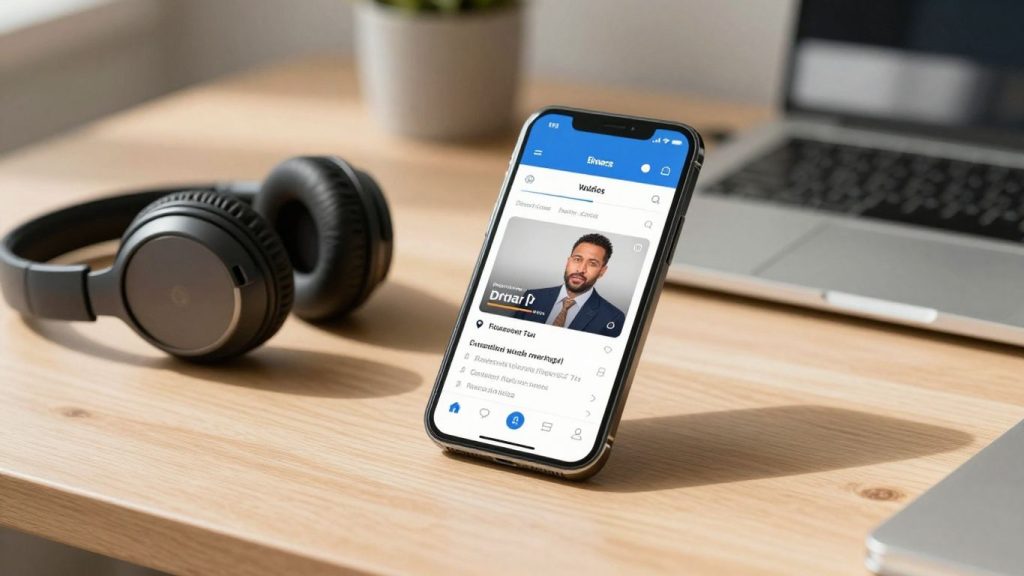 Smartphone showing finance podcast with headphones on desk.