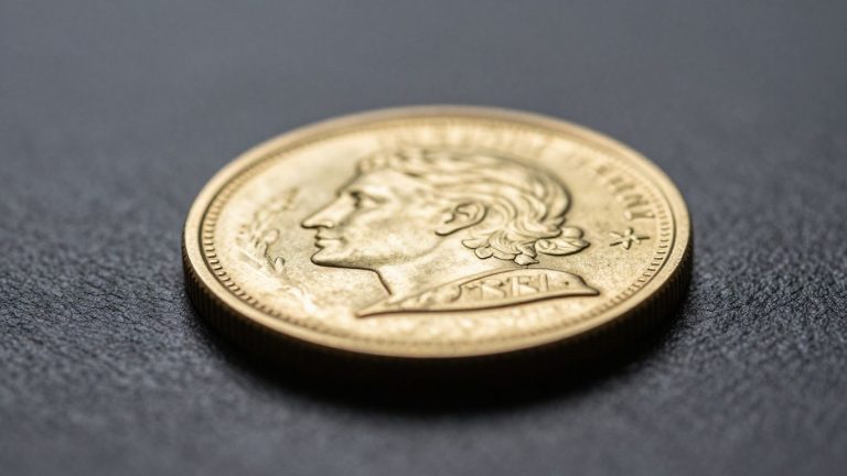 Close-up of a shiny gold coin on a dark surface.