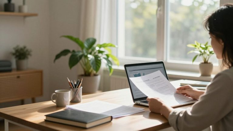 Homeowner reviewing mortgage documents at a desk.