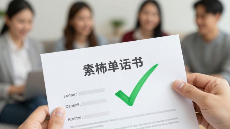 Loan document with a green checkmark, people in background.