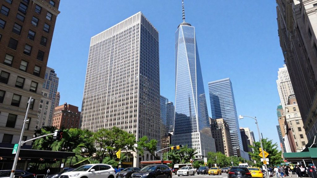 New York City skyline and bustling street