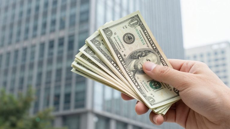 Hand holding money near office building