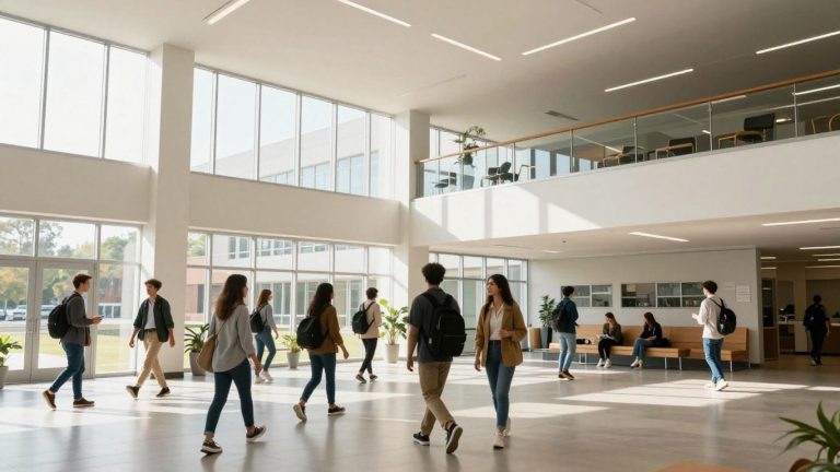 Business school campus with students and modern architecture.